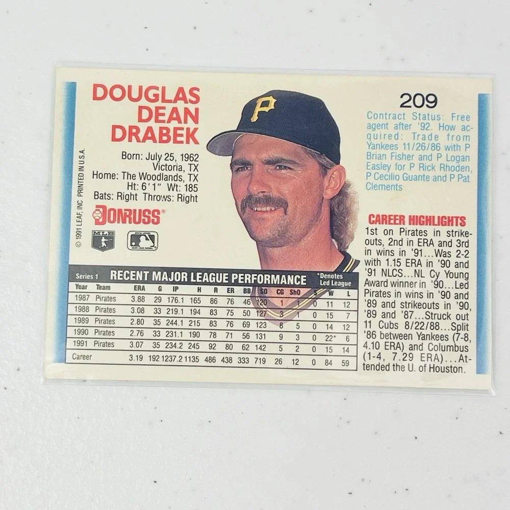 Donruss 1992 Doug Drabek 209 Pittsburgh Pirates MLB Base Set Baseball Card